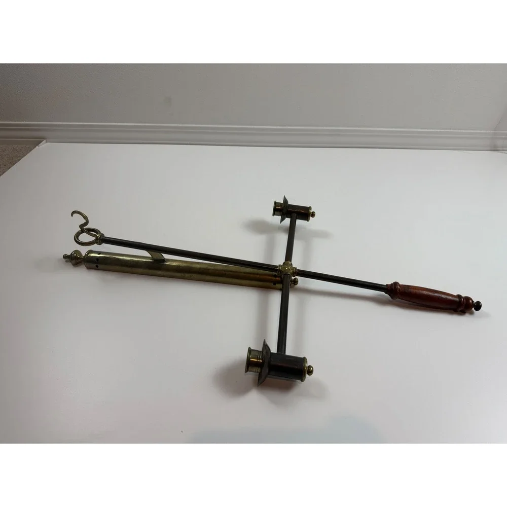 RARE‎ CHURCH PROCESSIONAL CANDLE HOLDER BRASS CROSS CANDELABRA WOOD HANDLE